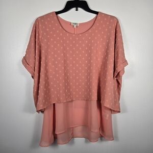 Umgee Swiss Polkadot Cuffed Sleeve Oversized Layered Tunic Blouse Top Size Small